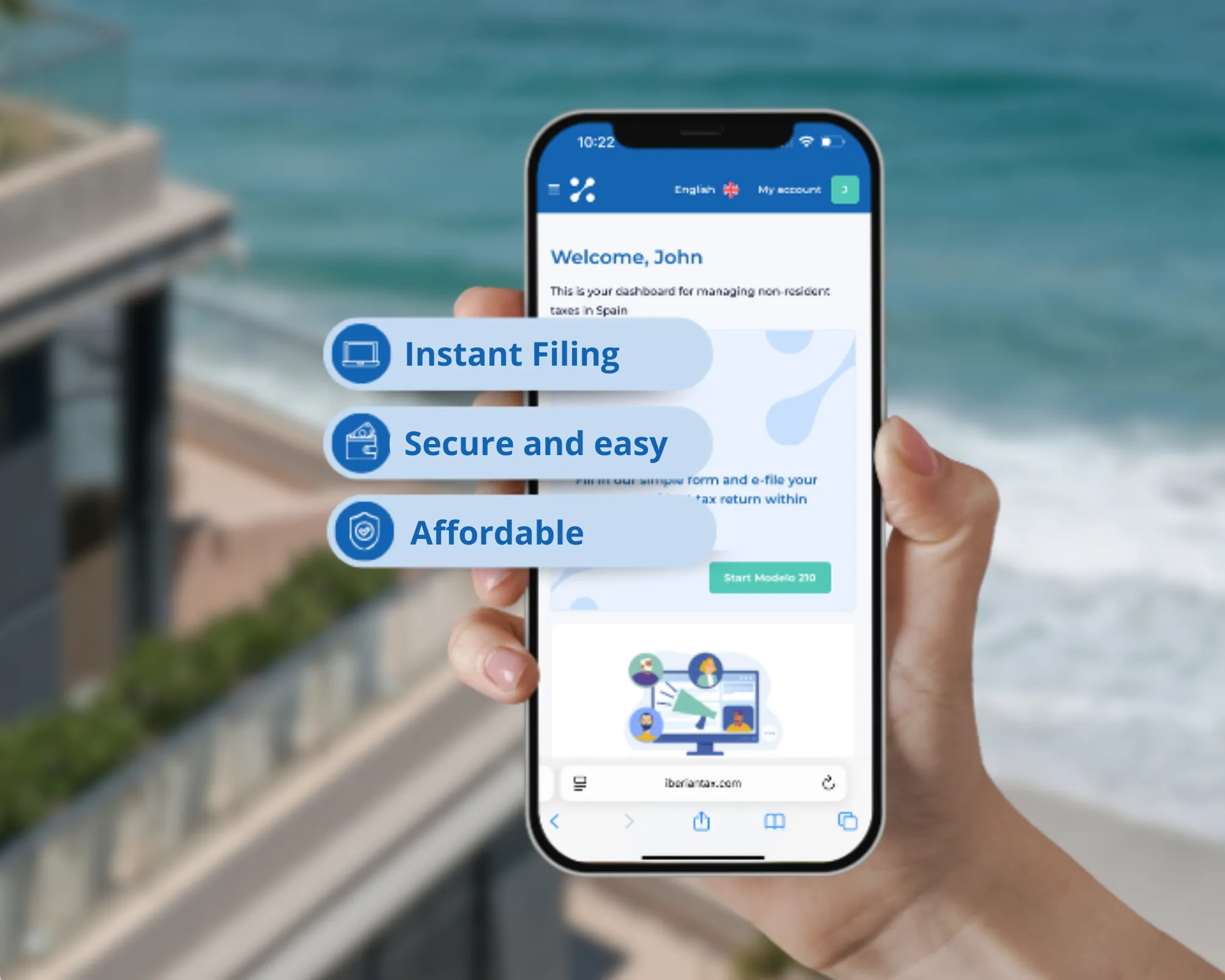 Smartphone screen with icons for instant, secure and affordable tax filing - Iberian Tax