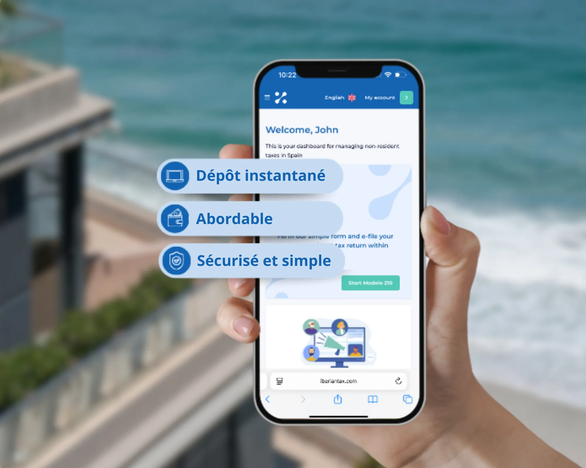 Smartphone screen with icons for instant, secure and affordable tax filing - IberianTax