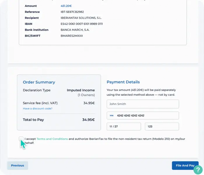 Modelo 210 summary page on Iberian Tax with personal details, payment options, terms and conditions checkbox, and file and pay button leading to confirmation