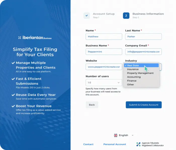 IberianTax sign-up page for professionals interested in partnering to file Modelo 210 forms